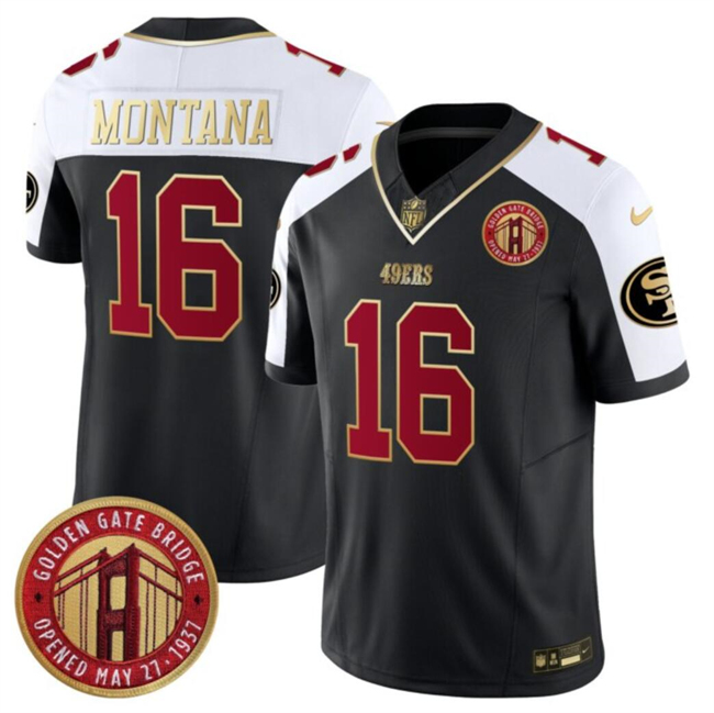 Men's San Francisco 49ers #16 Joe Montana Balck/White F.U.S.E. Golden Gate Bridge Patch Alternate Vapor Limited Football Stitched Jersey